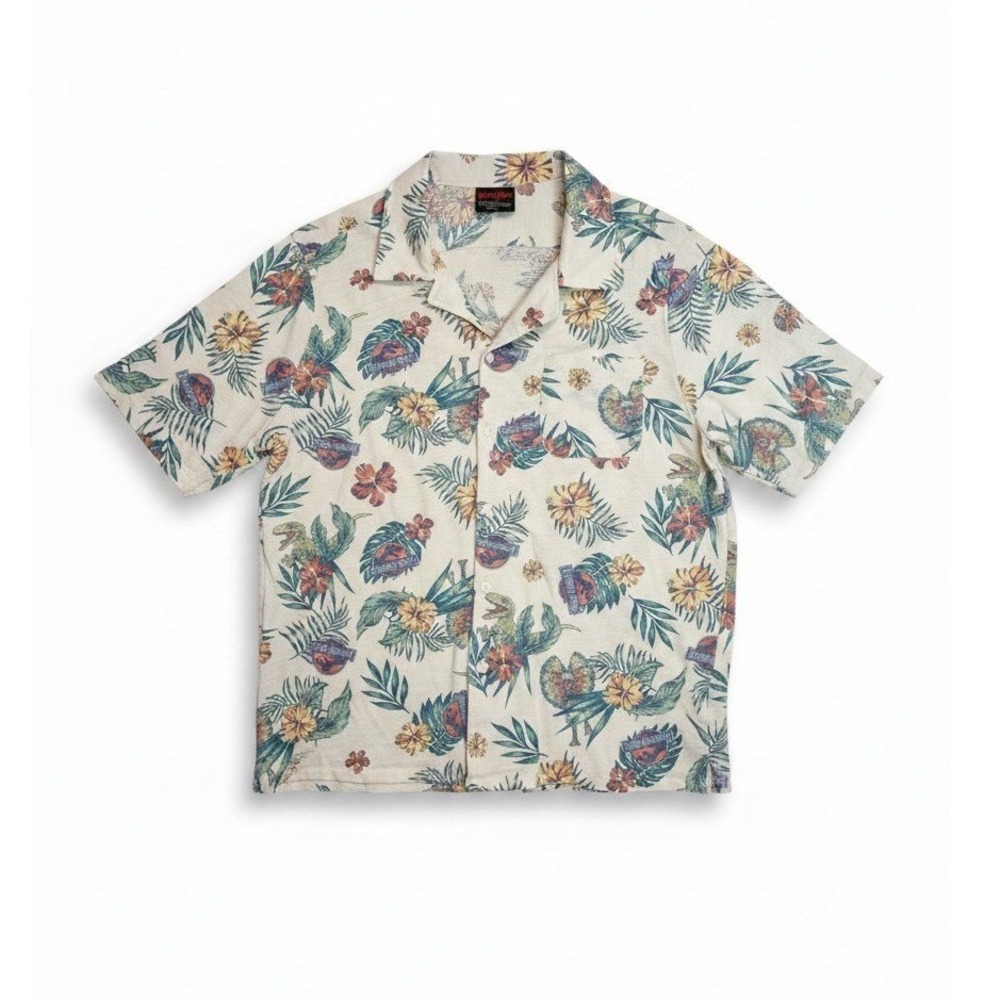 Jurassic World Mens XL Cream Tropical Dinosaur Floral Button Down Camp Shirt